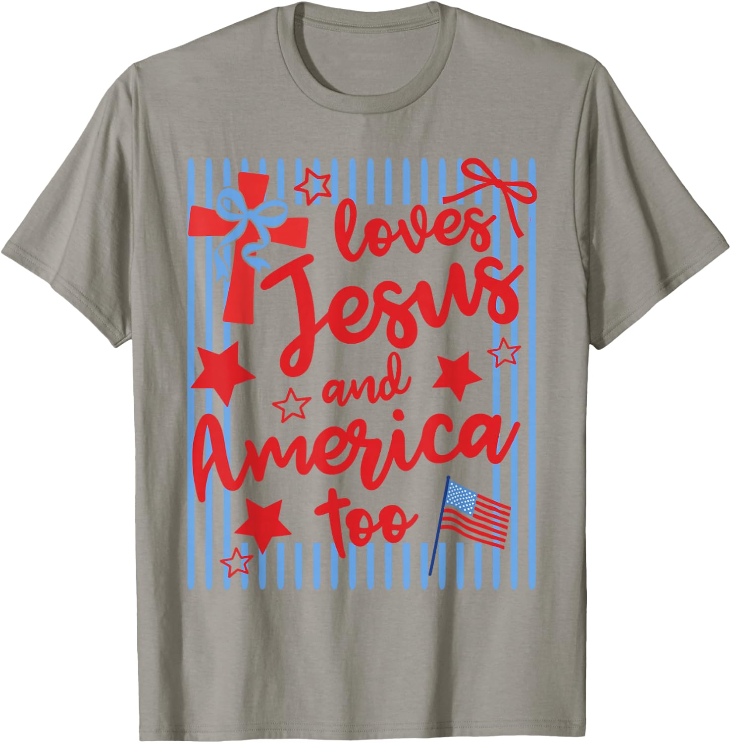 Loves Jesus and America Too 4th of July Christian Stripes T-Shirt - T-Shirt | Sand