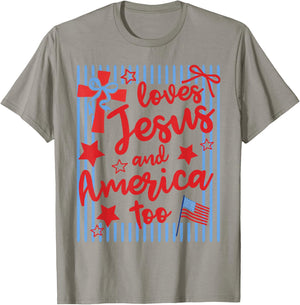 Loves Jesus and America Too 4th of July Christian Stripes T-Shirt - T-Shirt | Sand