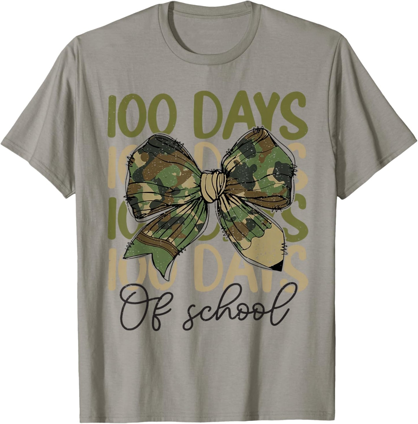 100 Days Of School Camo Coquette Bow Pencil Teacher Student T-Shirt - T-Shirt | Sand