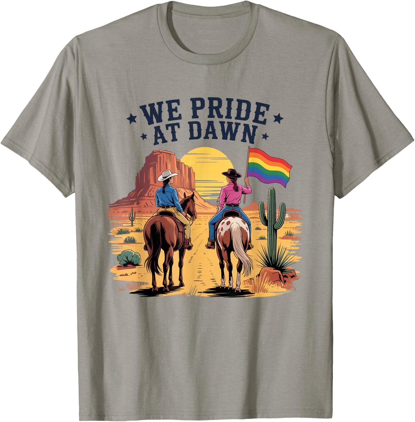 We Pride At Dawn Vintage Rainbow Western Cowgirl LGBTQ Retro T-Shirt - T-Shirt | Sand