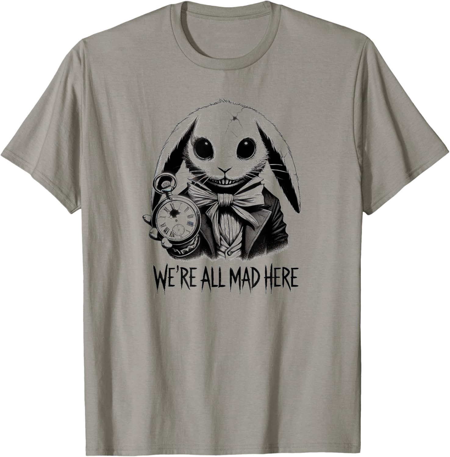 Alice in Wonderland - We're All Mad Here Rabbit Hatter Quote T-Shirt - T-Shirt | Sand