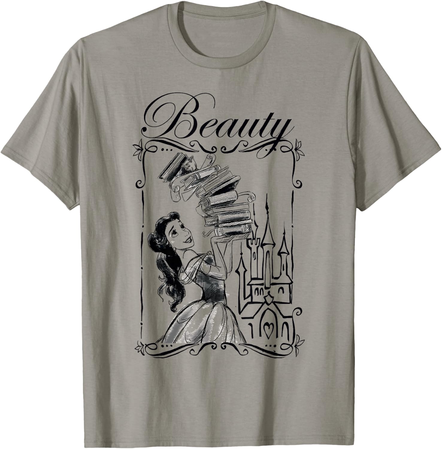 Disney Beauty and the Beast Belle Book Stack Sketch Portrait T-Shirt - T-Shirt | Sand