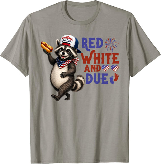 Red White and Due Funny Pregnancy Raccoon 4th of July USA T-Shirt - T-Shirt | Sand