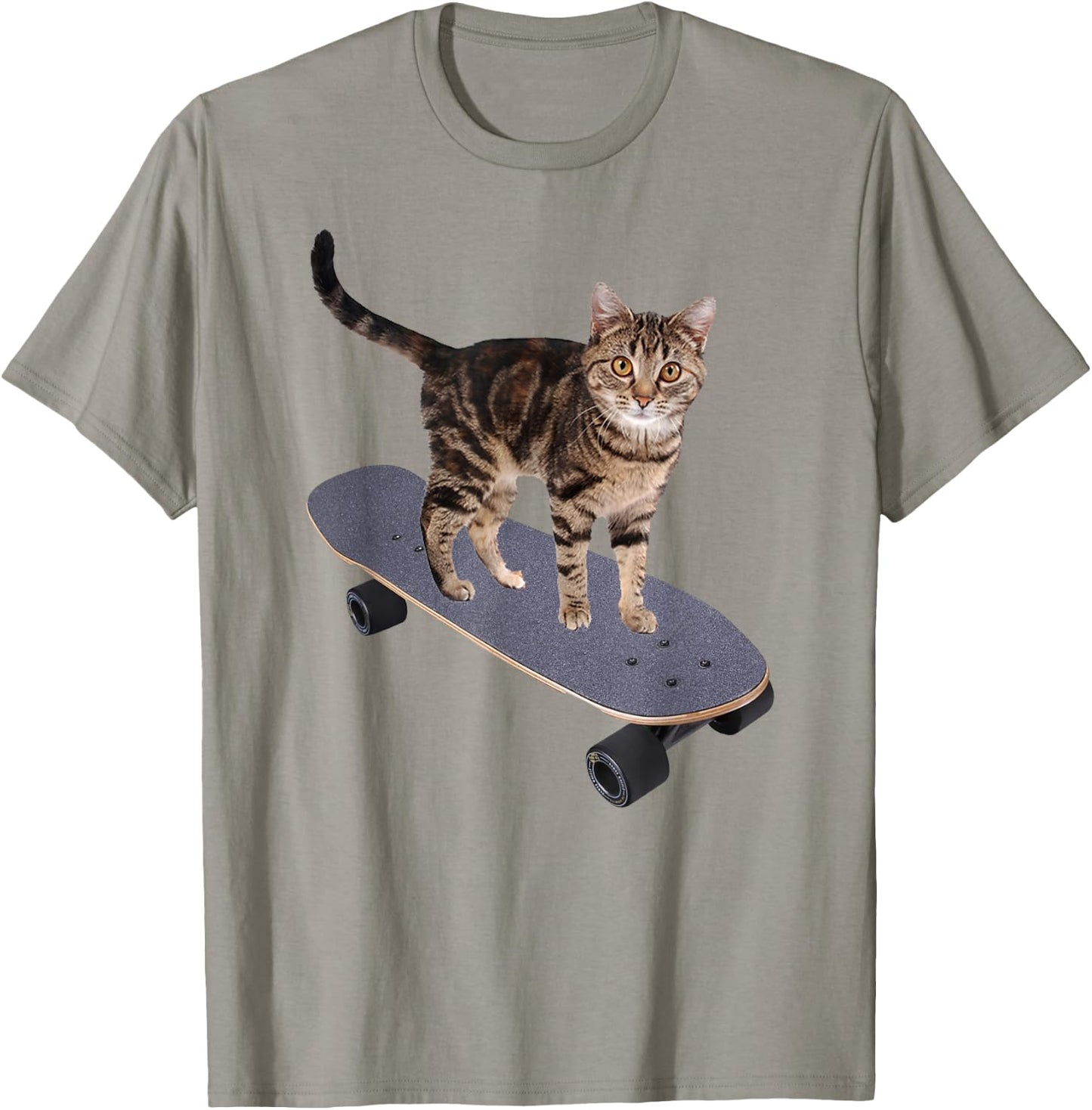 Cat on Skateboard Funny Gray Tabby Kitty Women Girls Kids T-Shirt - T-Shirt | Sand