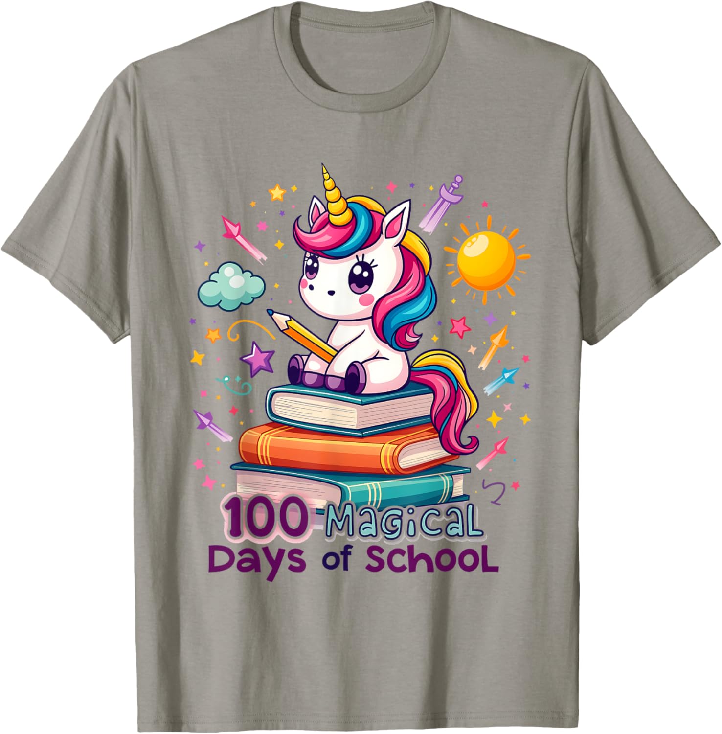100 Magical Days of School Funny Unicorn Student Teacher T-Shirt - T-Shirt | Sand