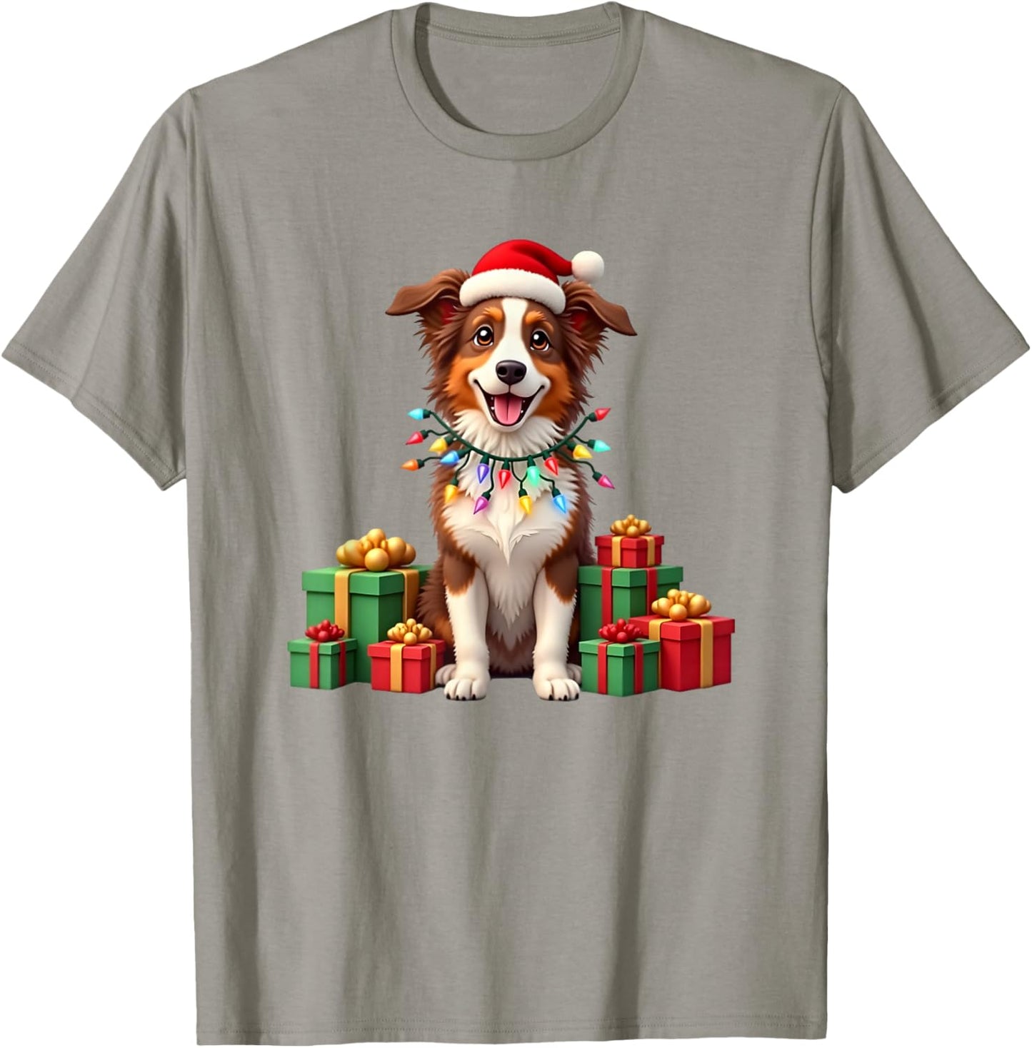 Christmas red and white Border Collie, Santa Hat T-Shirt - T-Shirt | Sand