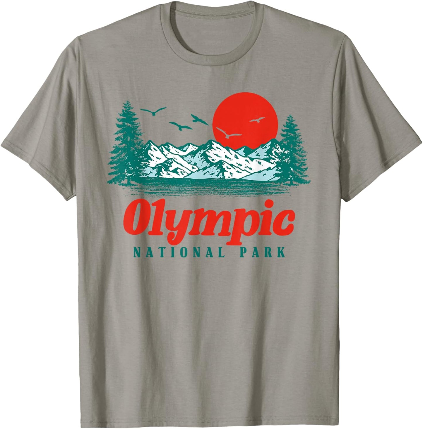 Retro Olympic National Park Mountain Trees & Sun Graphic Small T-Shirt - T-Shirt | Sand