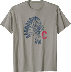 Block C with Native American Headdress Cleveland Small T-Shirt - T-Shirt | Sand