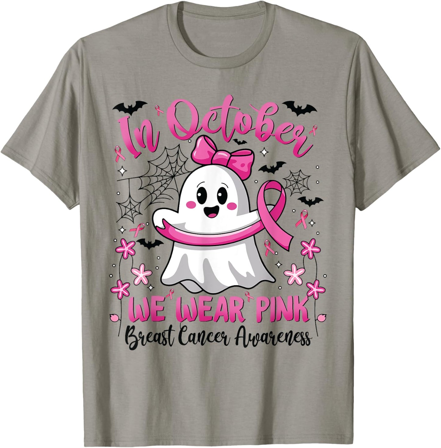 In October We Wear Pink Ghost Witch Breast Cancer Awareness T-Shirt - T-Shirt | Sand