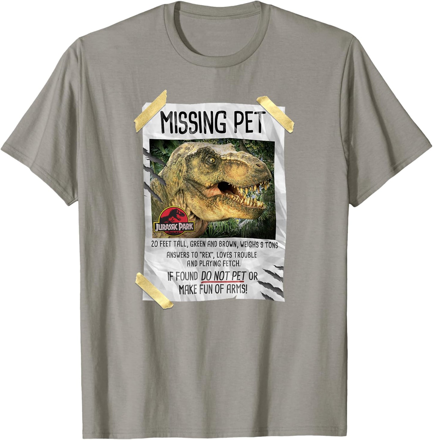 Jurassic Park Missing Pet T-Rex Poster Taped T-Shirt - T-Shirt | Sand