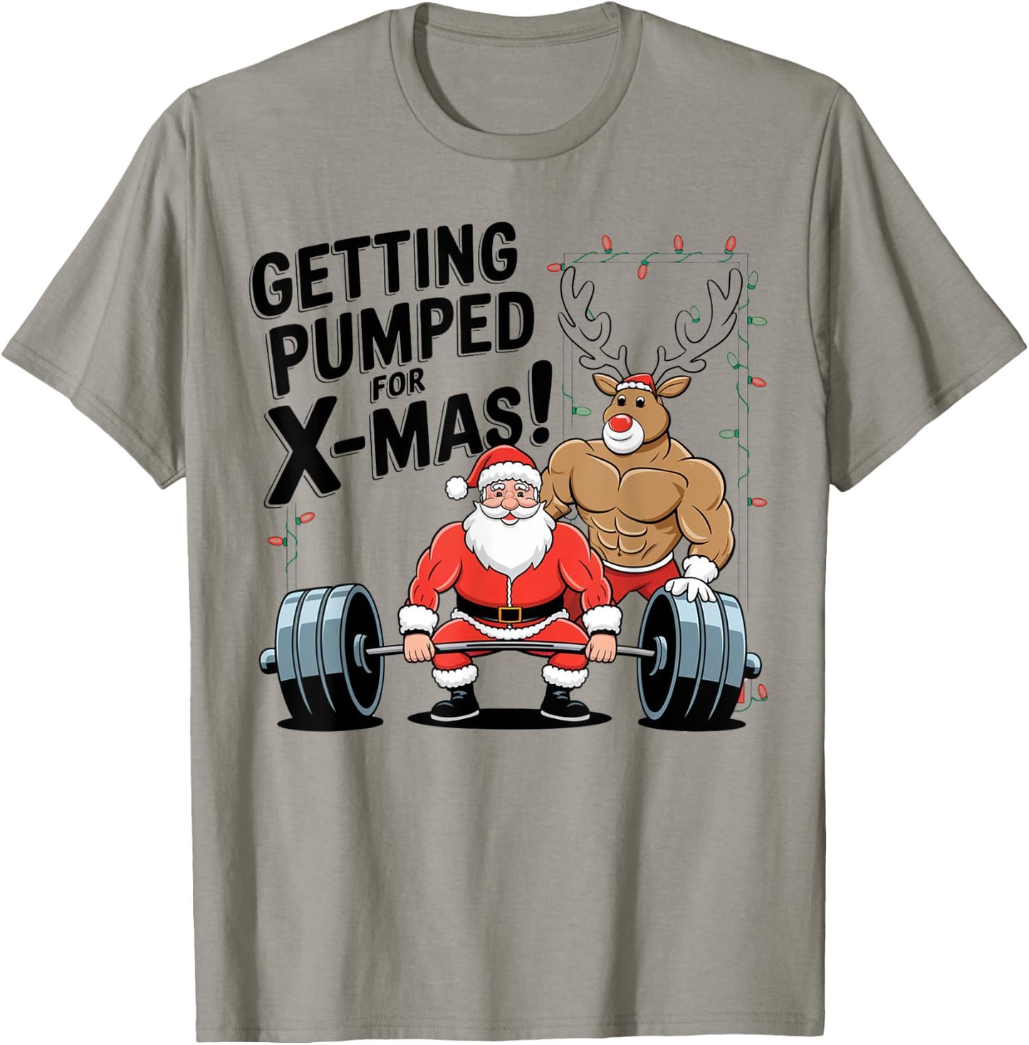 Christmas Santa Reindeer Deadlift Weightlift Gym Men Women T-Shirt - T-Shirt | Sand