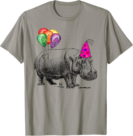 Hippo Wearing A Birthday Hat With Party Balloons Par T Shirt T-Shirt - T-Shirt | Sand