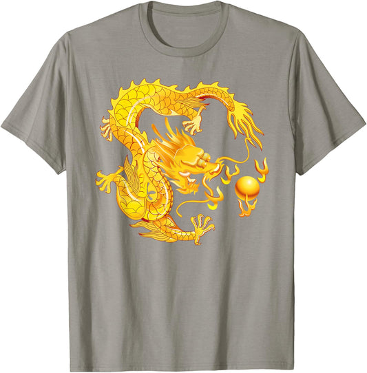 Fearless Golden Chinese Dragon Fire Ball T-Shirt - T-Shirt | Sand