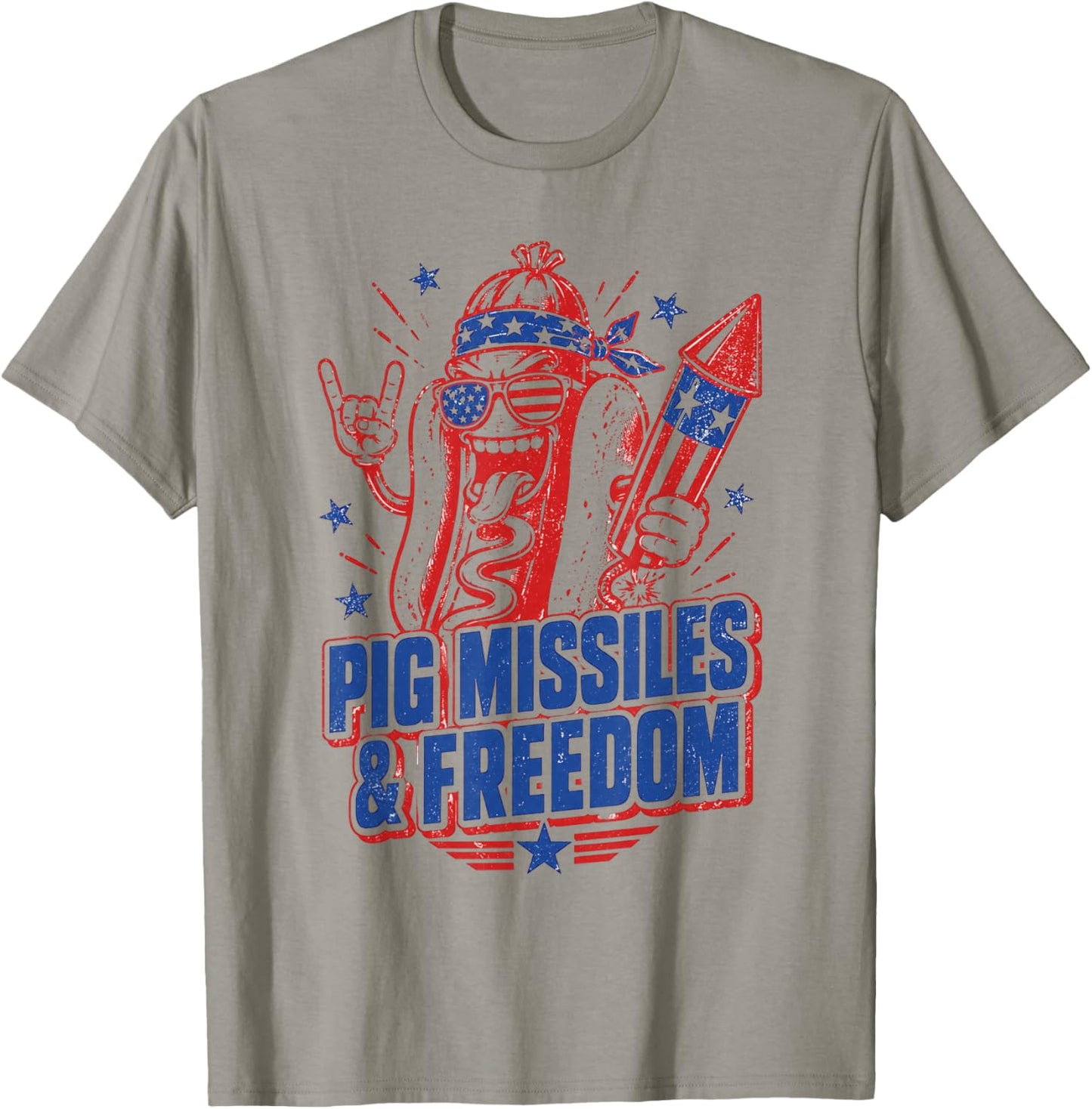 4th of July Hotdog Pig Missiles and Freedom Patriotic BBQ T-Shirt - T-Shirt | Sand