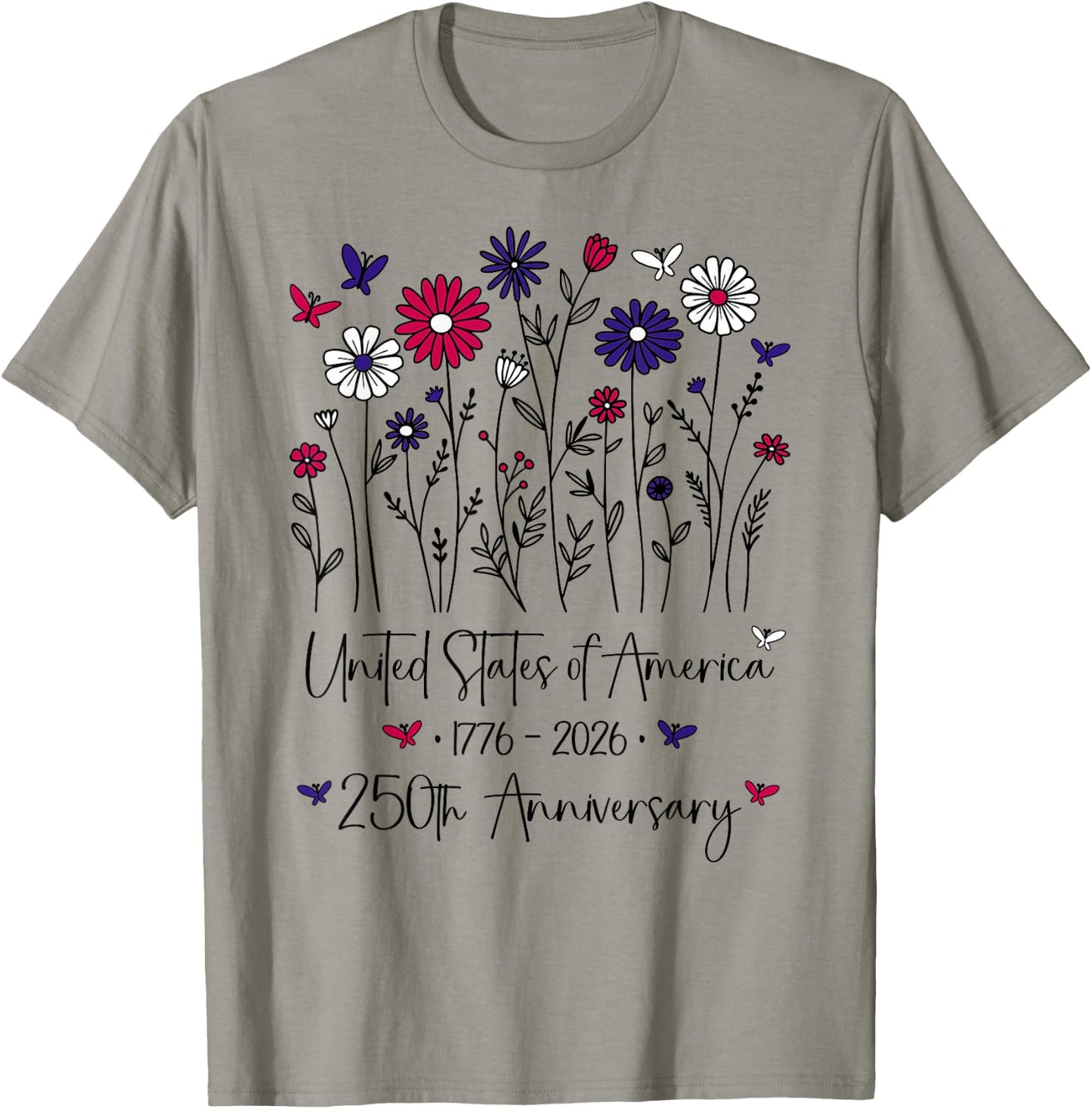 250th Anniversary USA Flowers 250 Years America 4th of July T-Shirt - T-Shirt | Sand