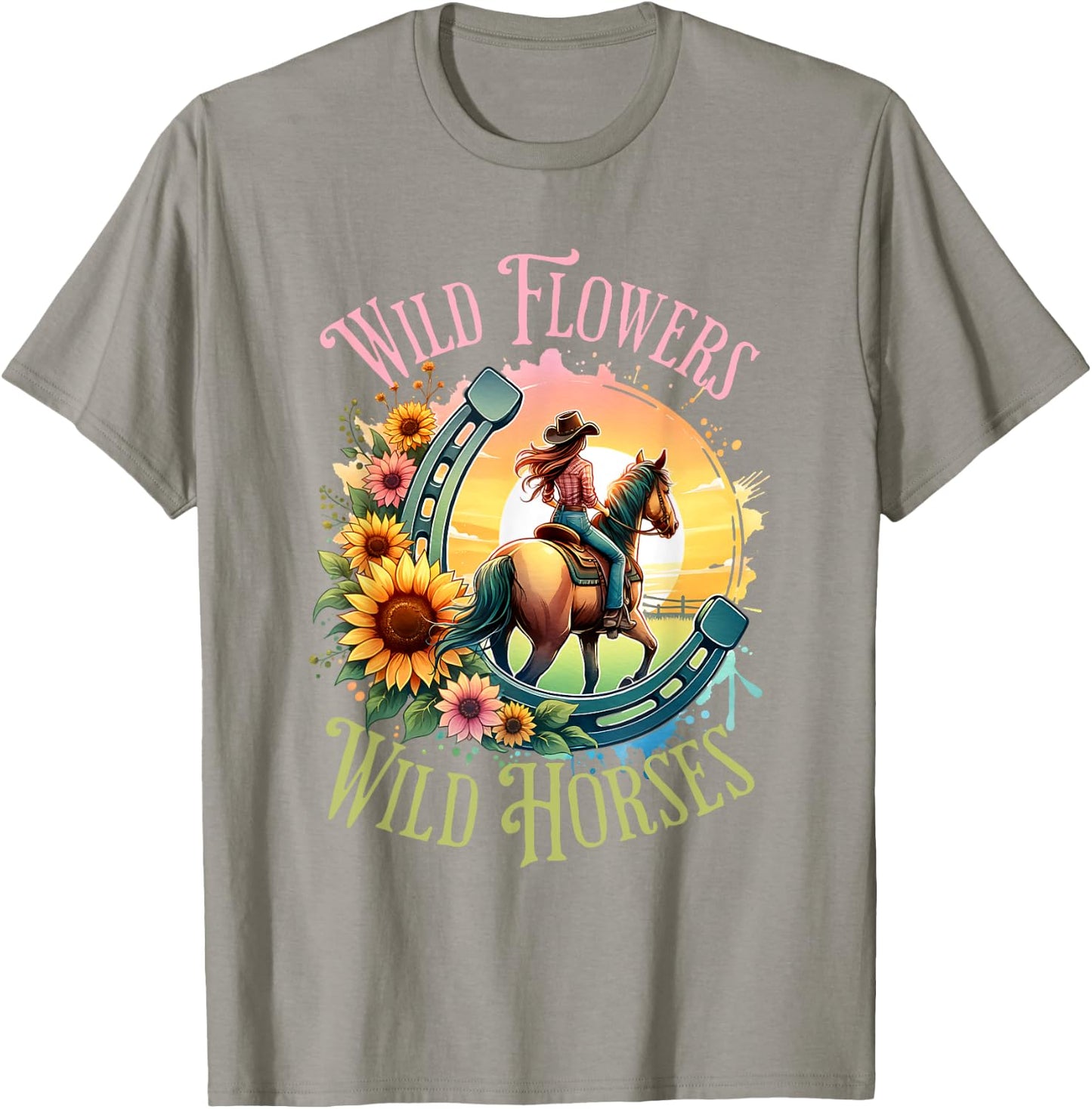 Wild Flowers & Wild Horses Country Sunset Western Cowgirl T-Shirt - T-Shirt | Sand