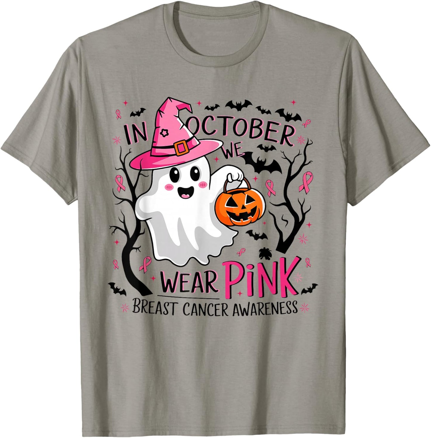 In October We Wear Pink Ghost Witch Breast Cancer Awareness T-Shirt - T-Shirt | Sand