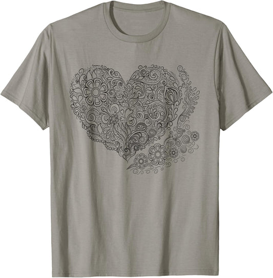Heart Shaped Adult Coloring Book Style Fashion T Shirt T-Shirt - T-Shirt | Sand