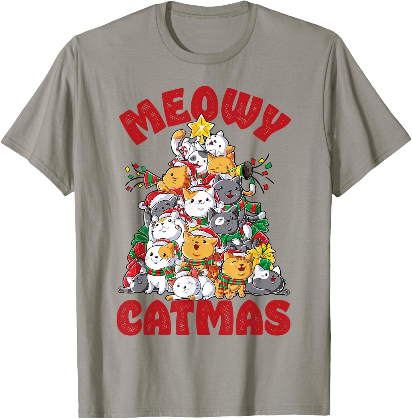 Meowy Catmas Cat Christmas Tree Xmas Girls Boys Funny Santa T-Shirt - T-Shirt | Sand