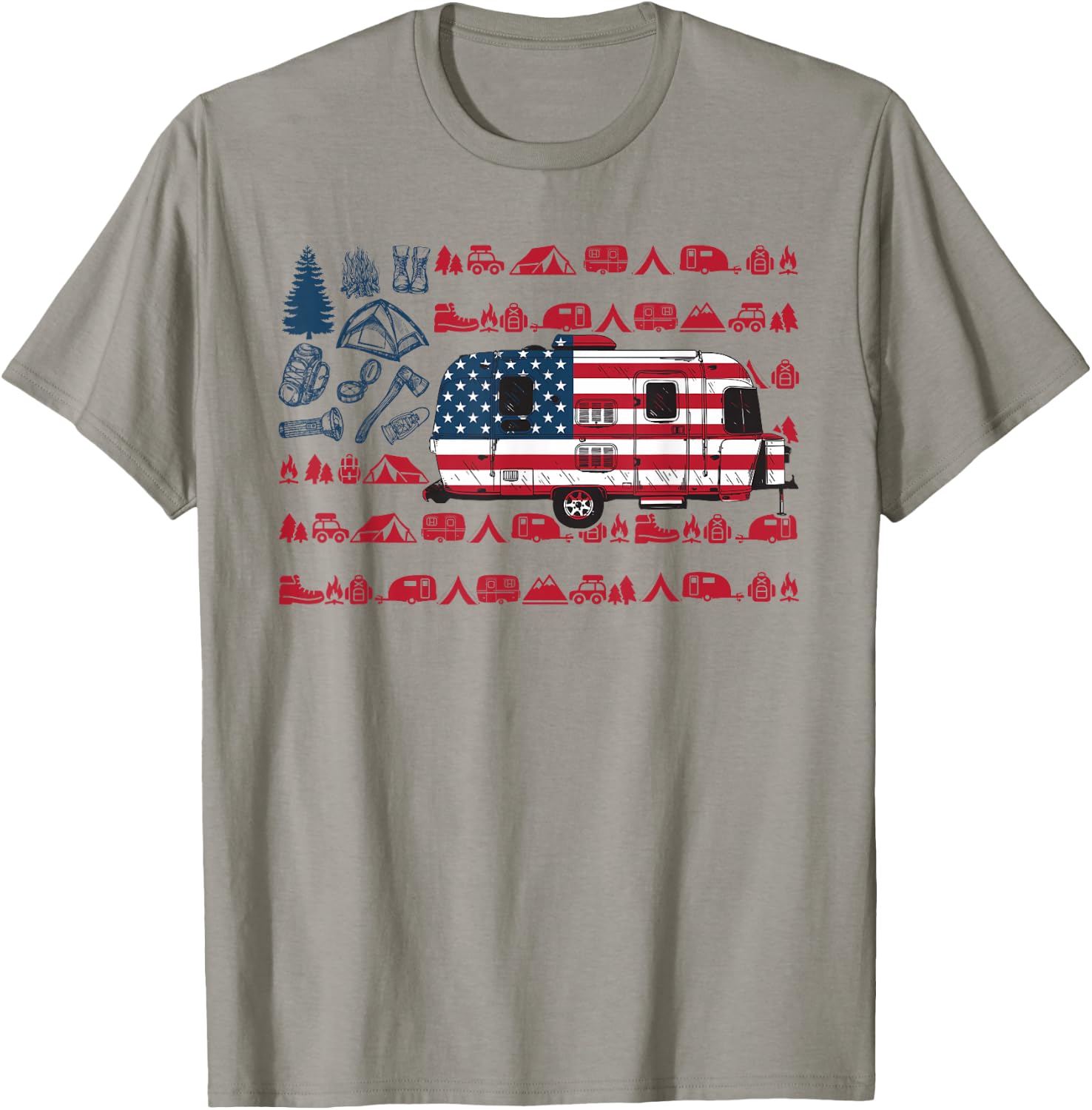 Tent Camper Van American Flag Camping 4th Of July Shirt Gift T-Shirt - T-Shirt | Sand