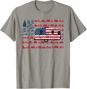 Tent Camper Van American Flag Camping 4th Of July Shirt Gift T-Shirt - T-Shirt | Sand