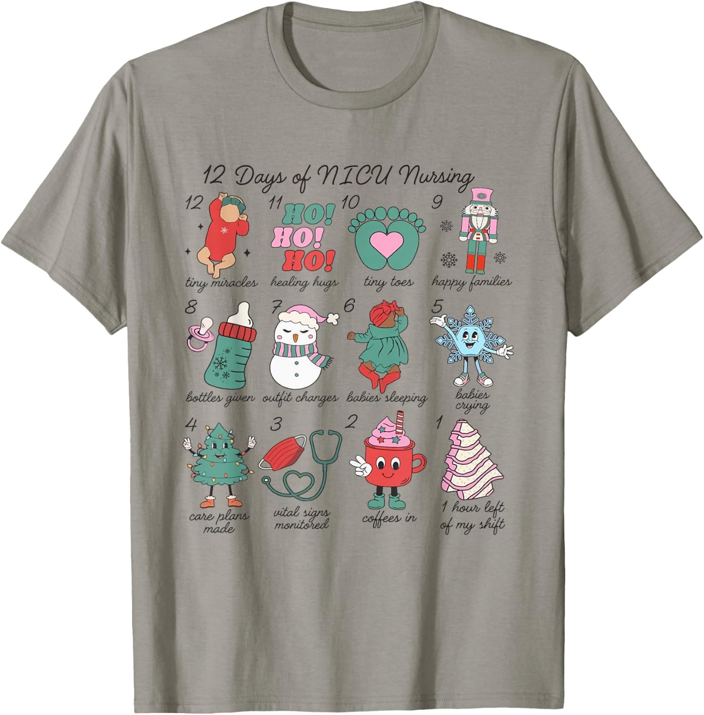 12 Days of NICU Nursing Christmas Neonatal Intensive Care T-Shirt - T-Shirt | Sand