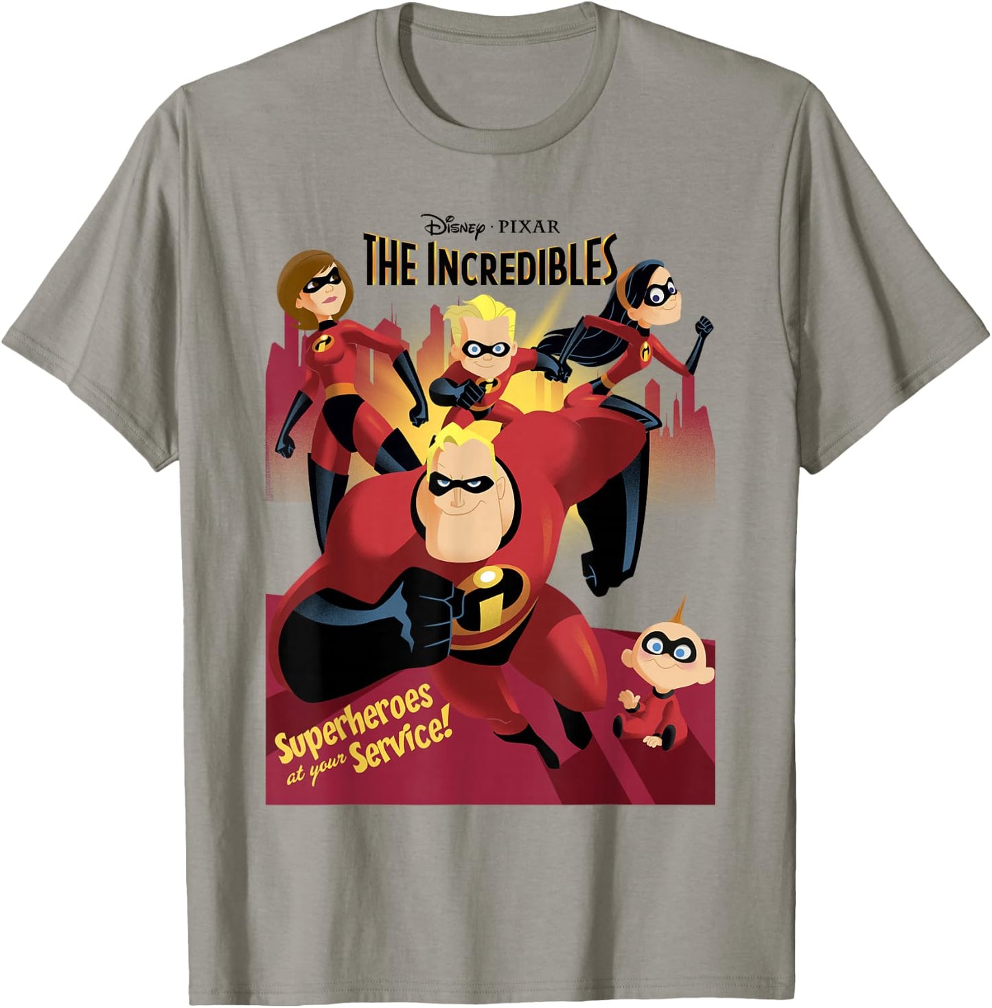 Disney Pixar The Incredibles Superhero Group Poster Retro T-Shirt - T-Shirt | Sand