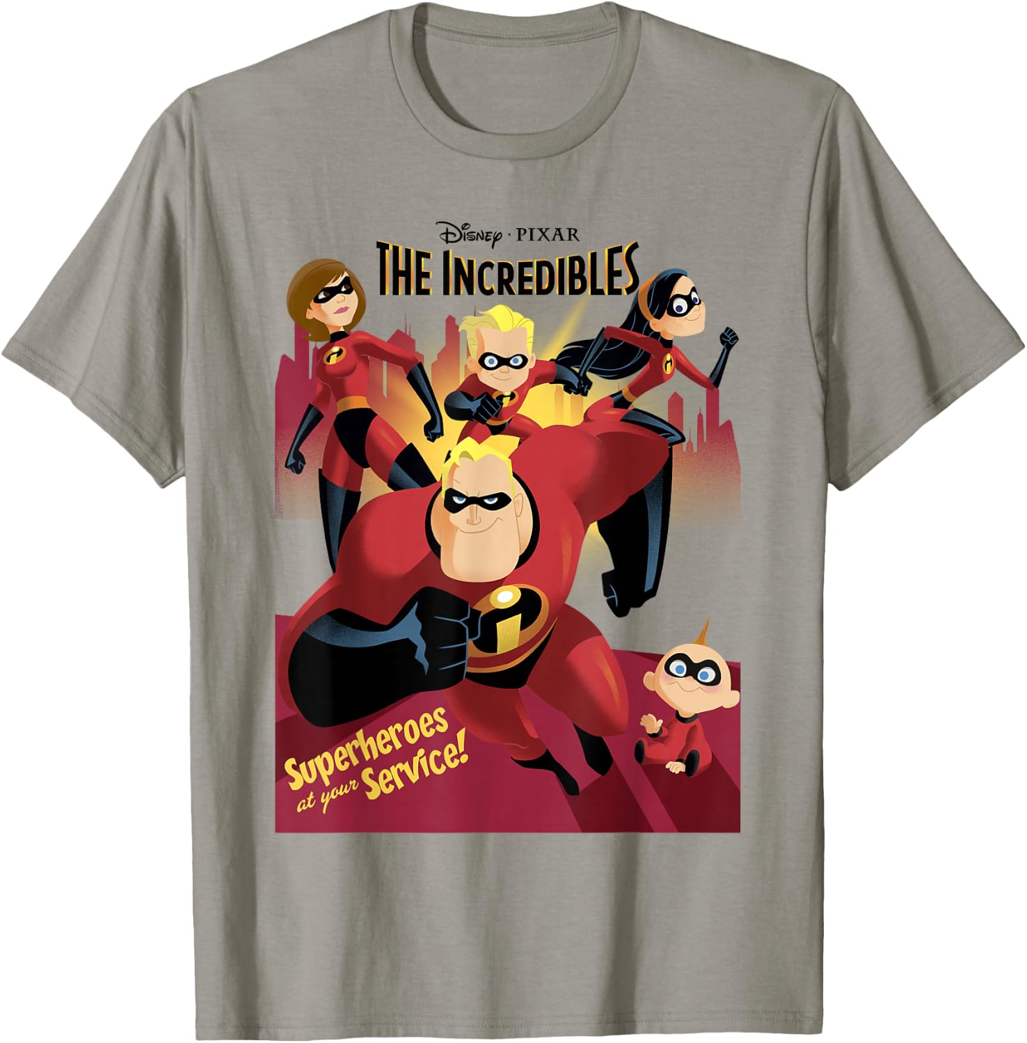 Disney Pixar The Incredibles Superhero Group Poster Retro T-Shirt - T-Shirt | Sand