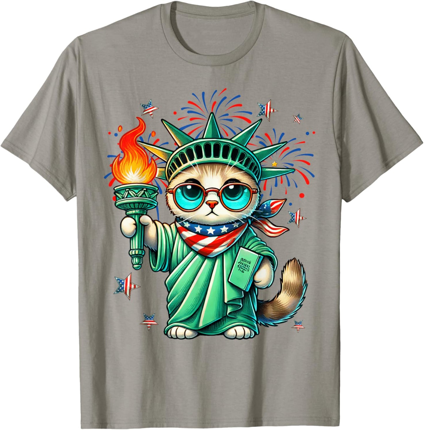Funny Statue Of Liberty Cat USA Flag Independence Day July 4 T-Shirt - T-Shirt | Sand