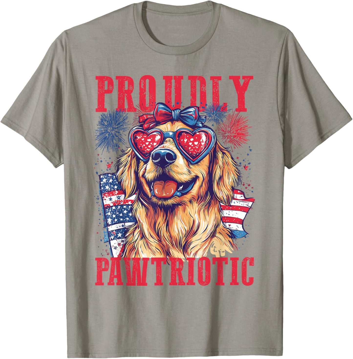 Proudly Pawtriotic Golden Retriever 4th of July Fireworks T-Shirt - T-Shirt | Sand