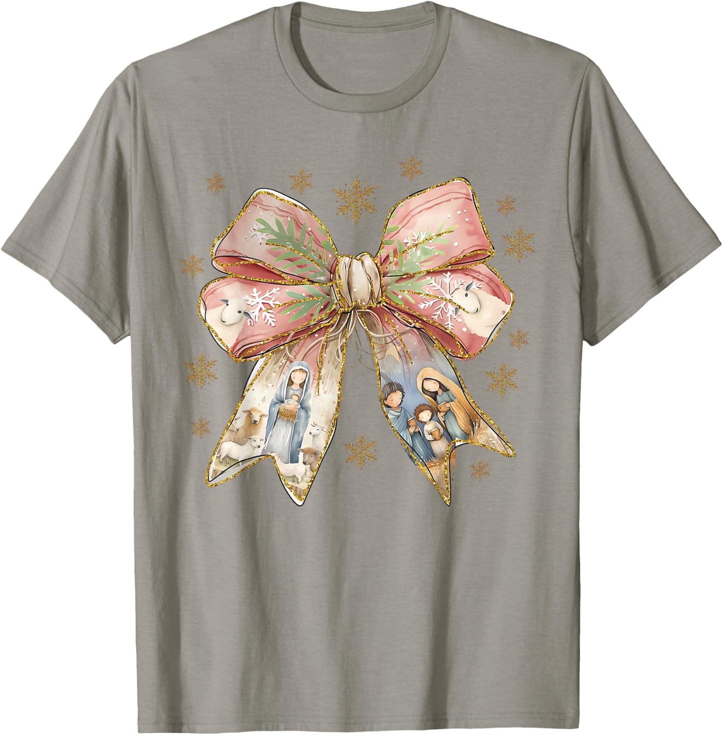 Jesus Christmas Coquette Bow Nativity Bible Verse Christian T-Shirt - T-Shirt | Sand