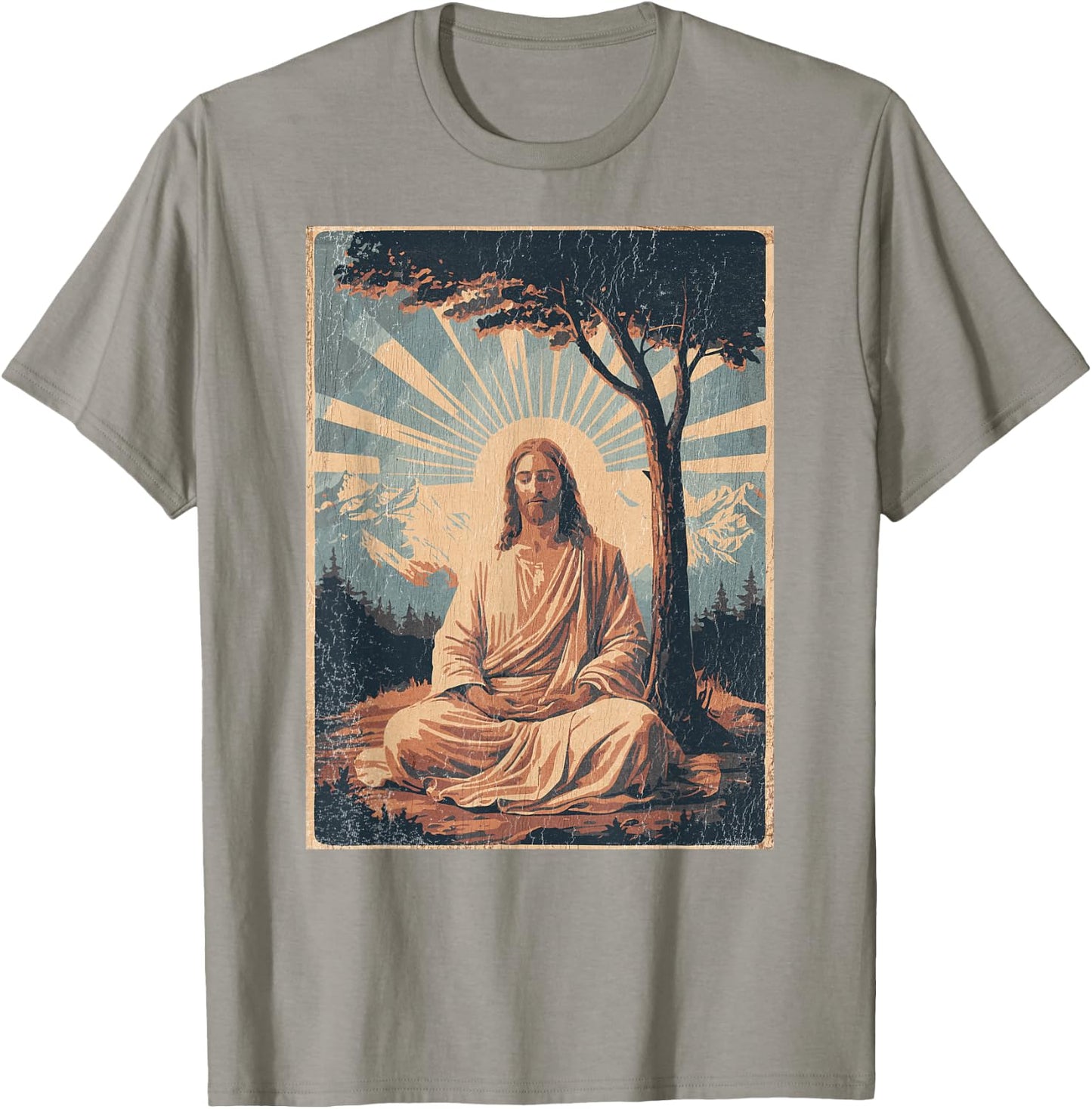 Jesus Meditating Under Tree, Mountains - Retro Faded Print T-Shirt - T-Shirt | Sand