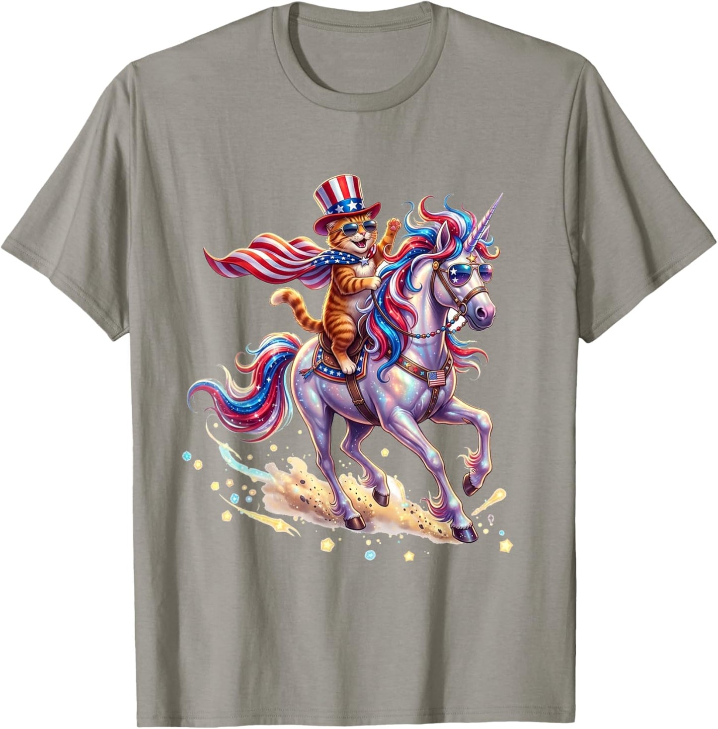 Cat Riding Unicorn USA Flag Patriotic 4th of July T-Shirt - T-Shirt | Sand