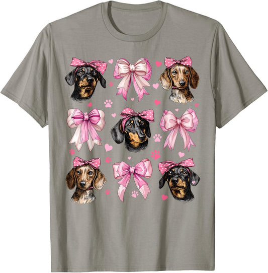 Dachshund Dog Mom Girl Coquette Bow Pink T-Shirt - T-Shirt | Sand