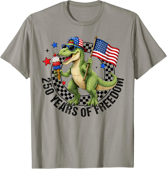 Boy 4th of July T-Rex Happy 250 America 1776-2026 Dinosaur T-Shirt - T-Shirt | Sand