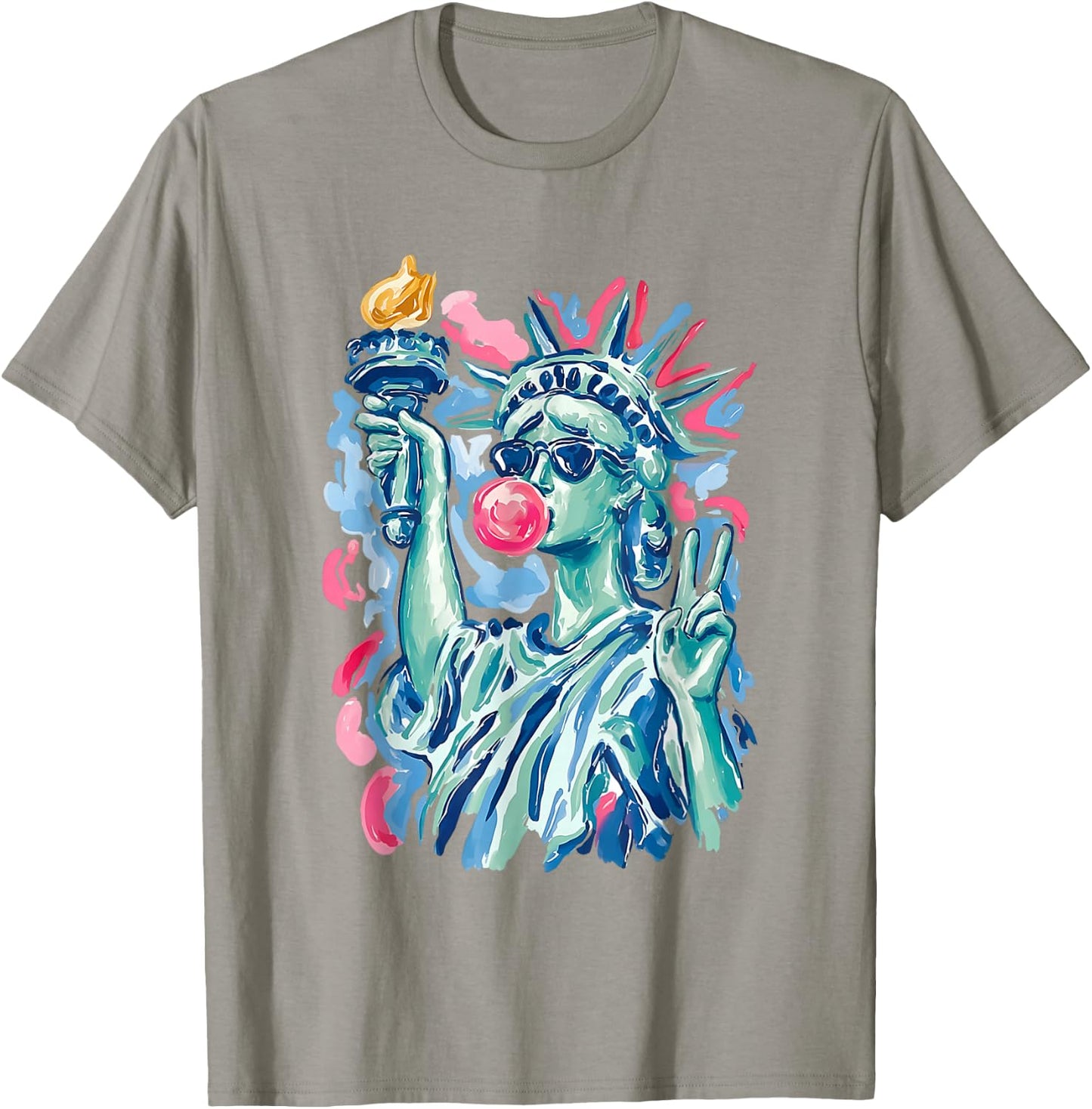 Brushstroke Statue of Liberty Blowing Bubble Gum 4th of July T-Shirt - T-Shirt | Sand