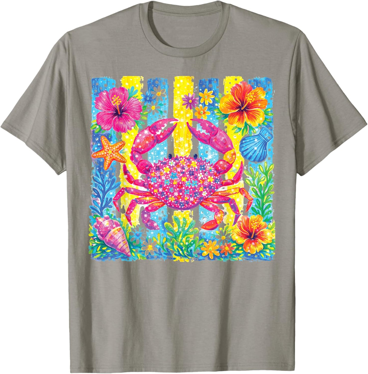 Colorful Tropical Crab Beach Floral Summer Ocean Coastal Art T-Shirt - T-Shirt | Sand