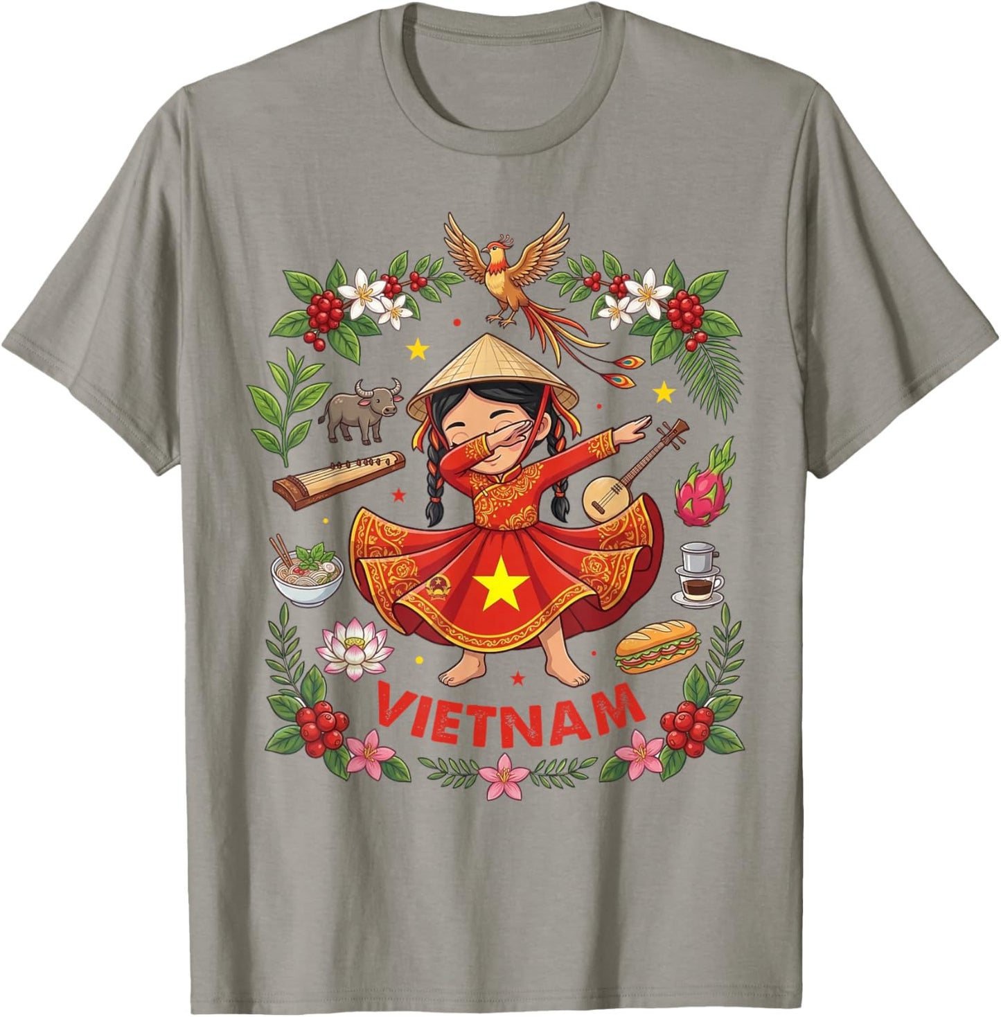 Dabbing Vietnam Girl Flag Dress Lotus Flowers Pride Heritage T-Shirt - T-Shirt | Sand