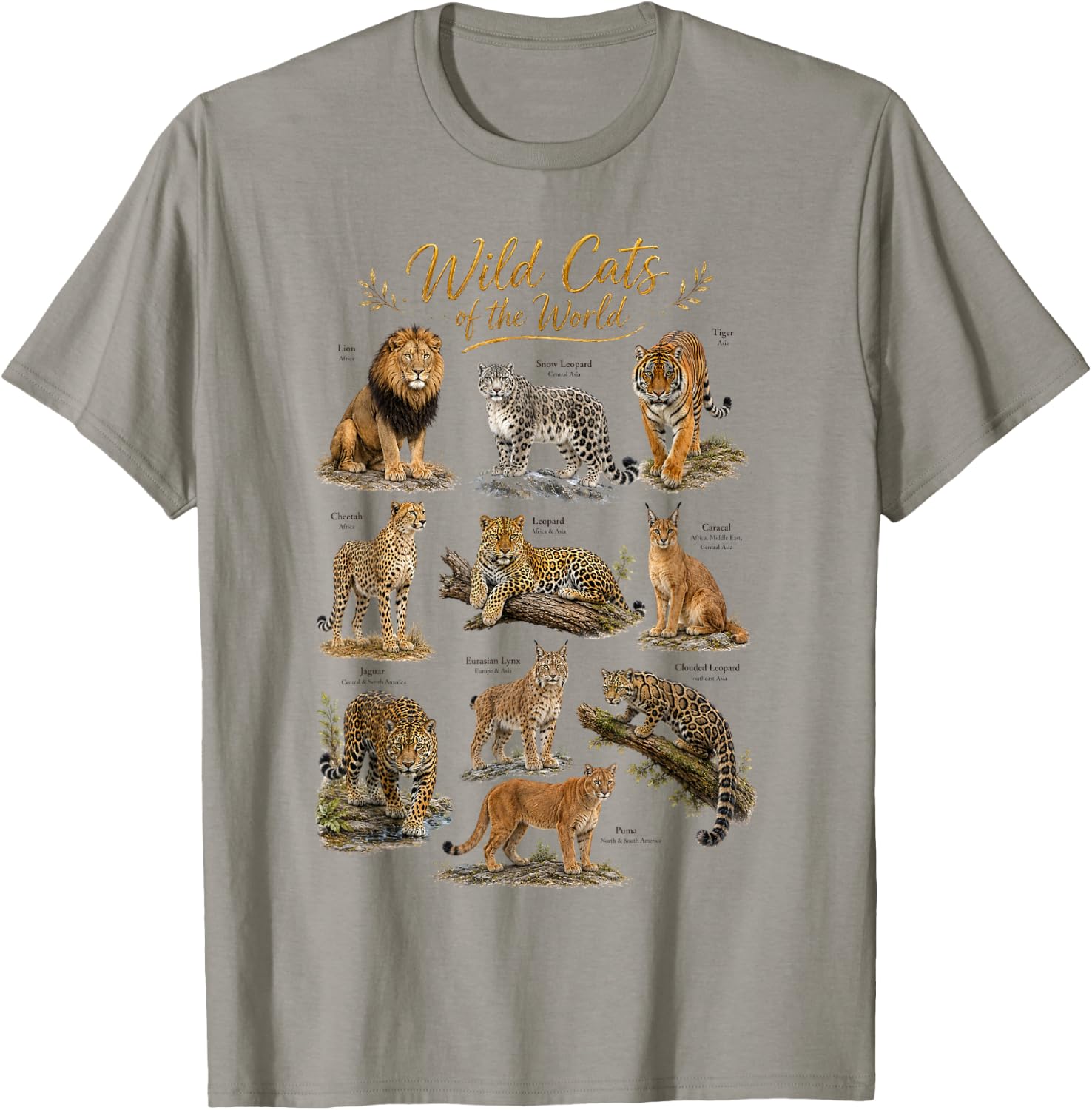 Wild Cats of The World Educational Wild Life Safari Animals T-Shirt - T-Shirt | Sand