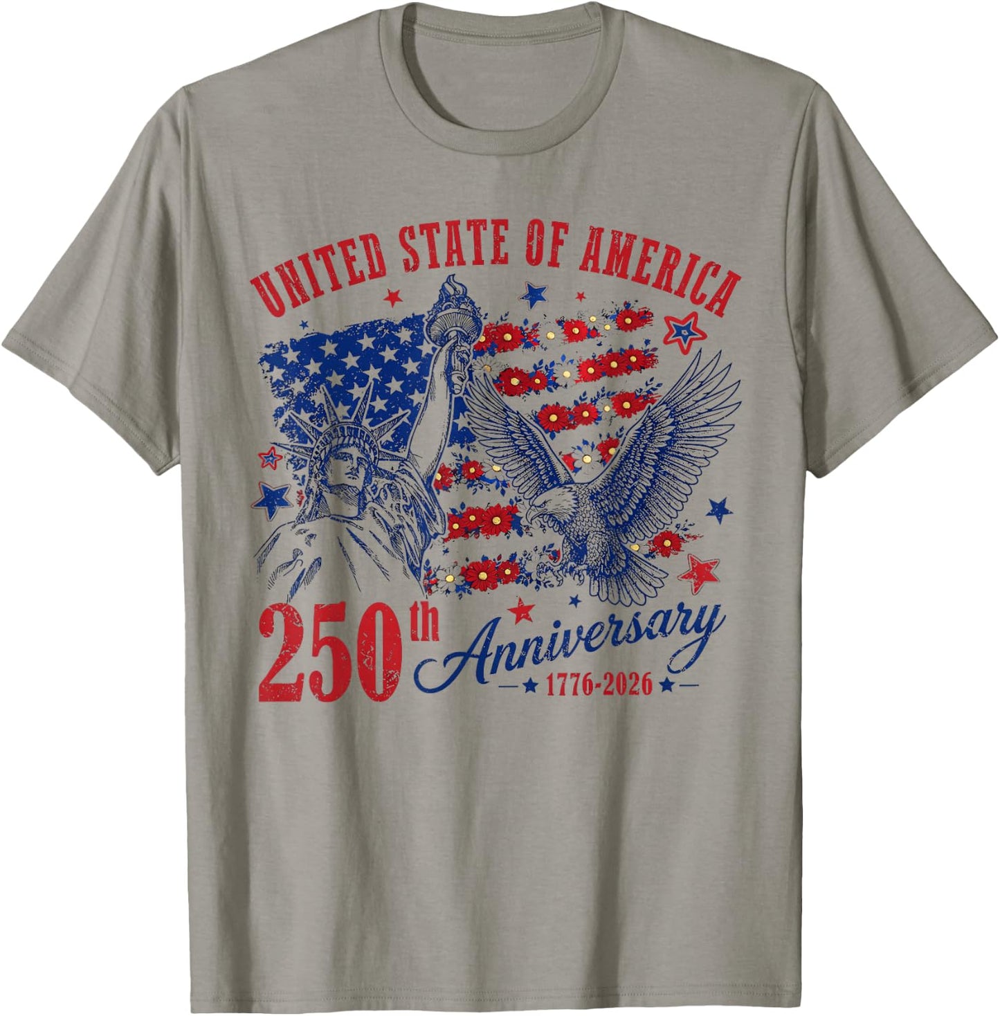 America USA 250th Anniversary Liberty Statue Floral Flag T-Shirt - T-Shirt | Sand