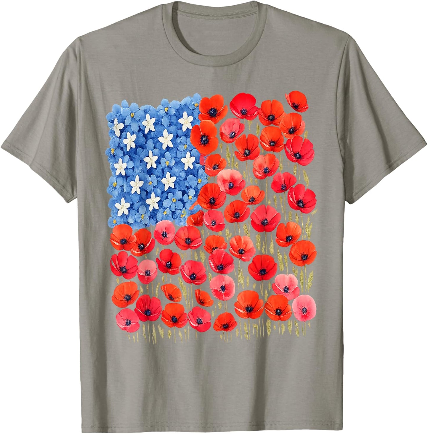 Patriotic Poppies & Hydrangeas Flowers in Floral US Flag T-Shirt - T-Shirt | Sand