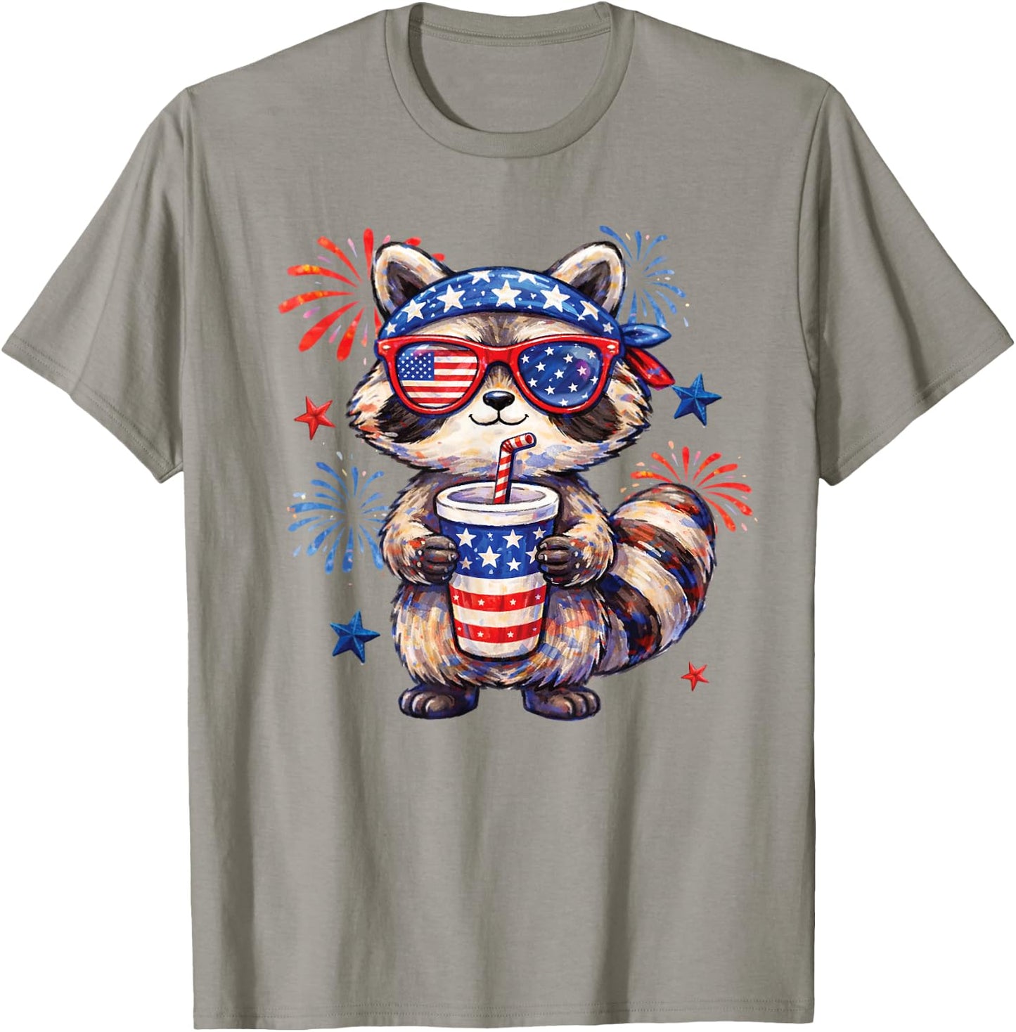 Cute Patriotic Raccoon Fireworks Fourth of July Animal Art T-Shirt - T-Shirt | Sand