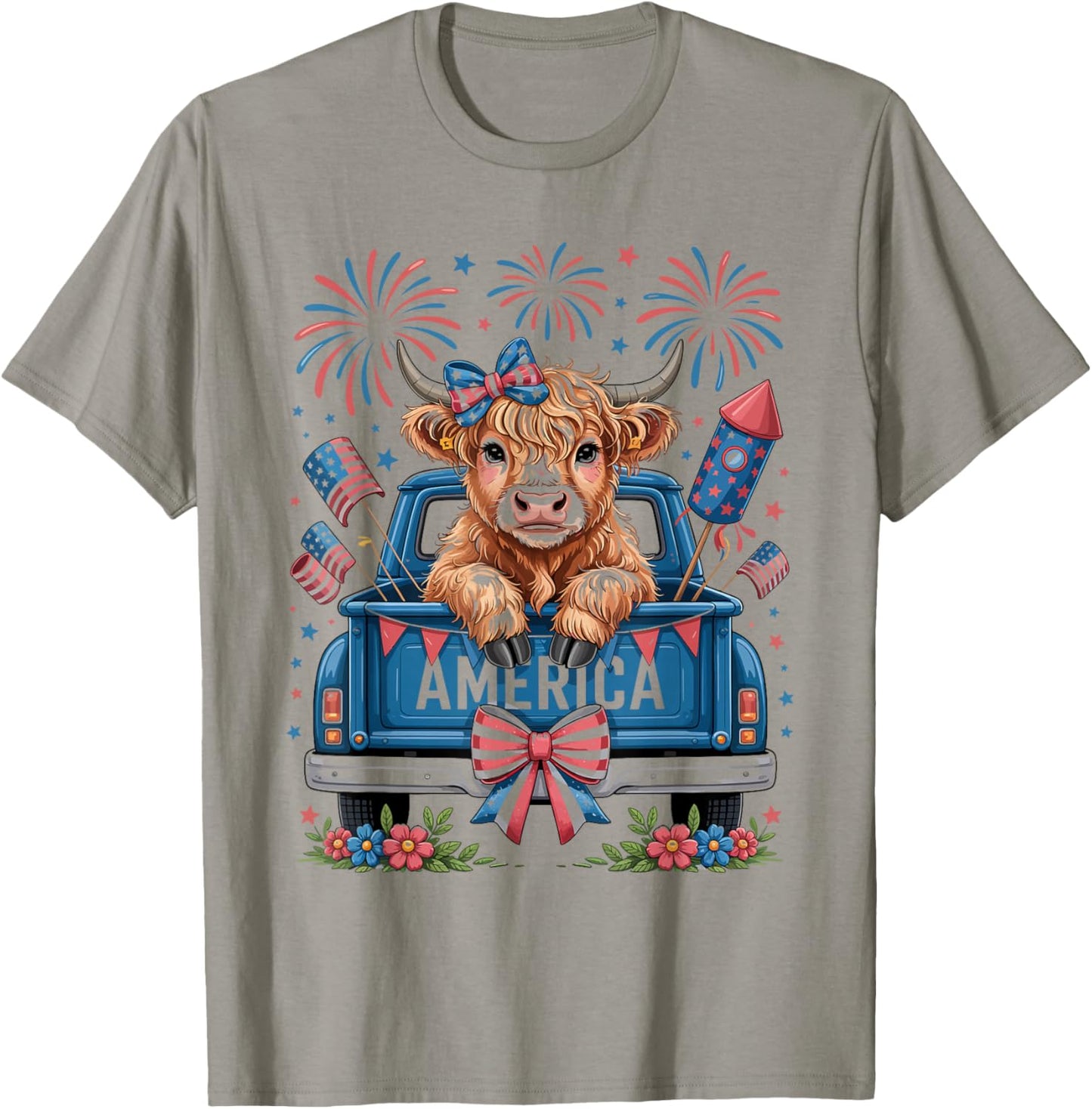 Coquette Highland Cow and Patriotic Truck 4th of July T-Shirt - T-Shirt | Sand