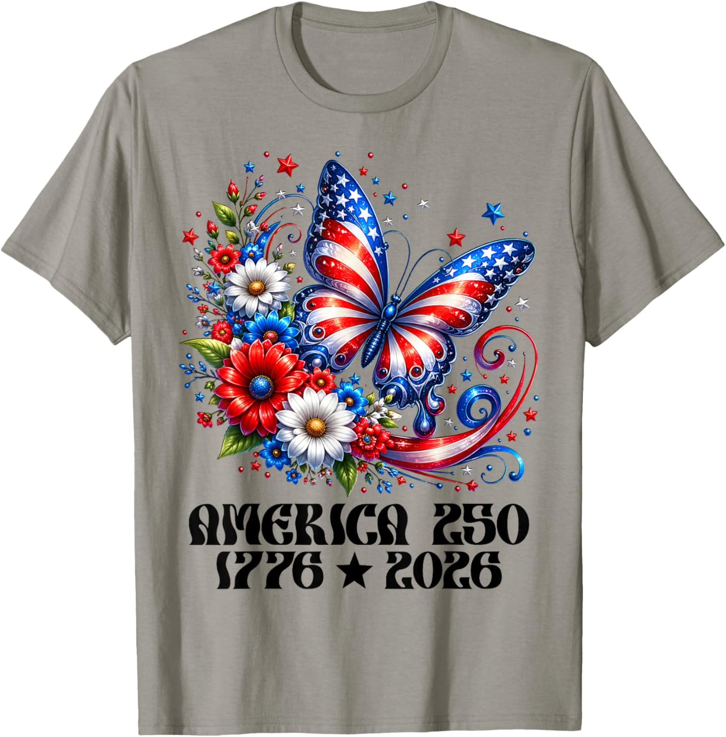 America 250 1776 2026 250th Anniversary Butterfly Flowers T-Shirt - T-Shirt | Sand