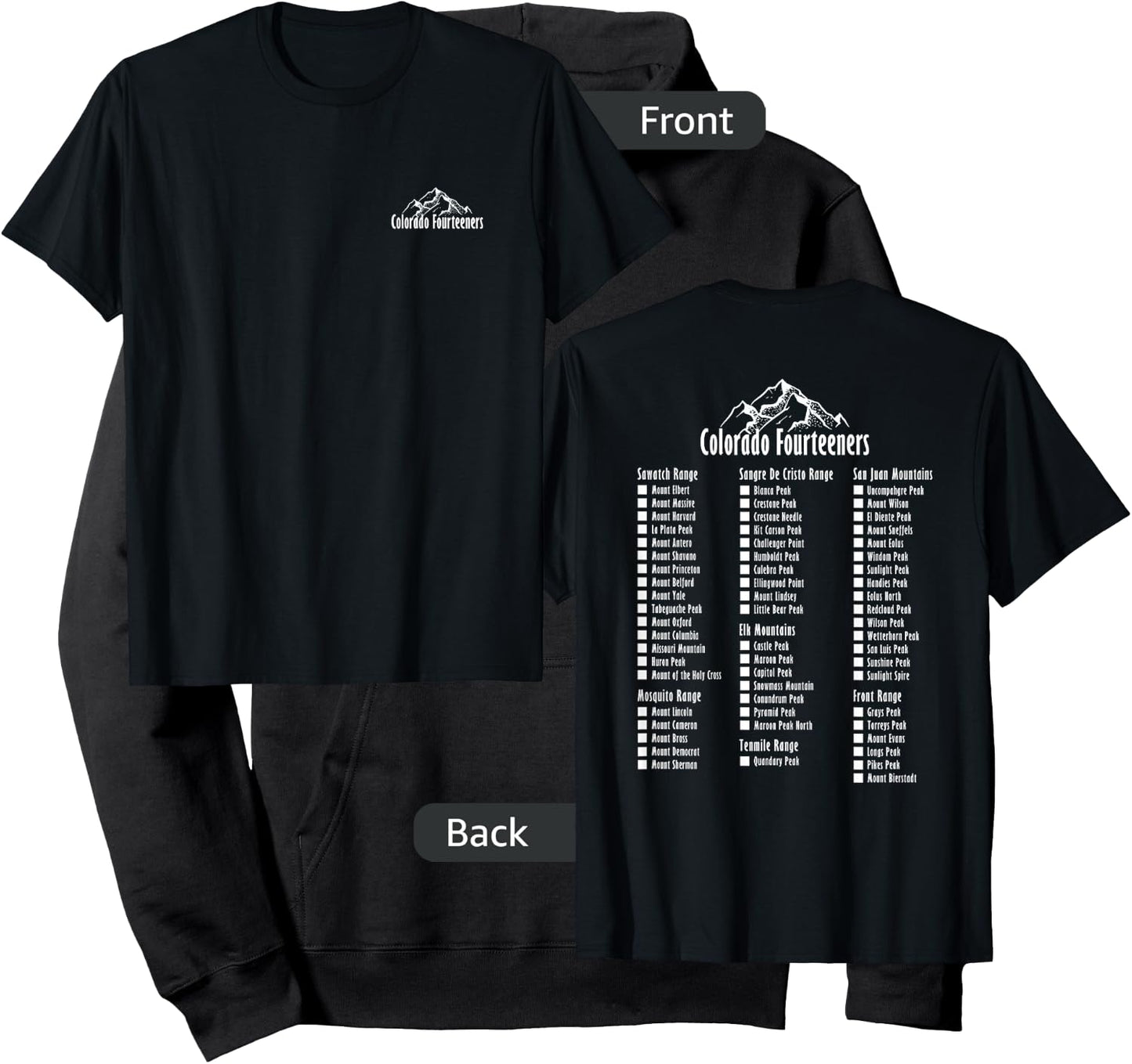 Colorado Fourteeners 2 Sided Checklist 14ers Hoodie - Hoodie | Black