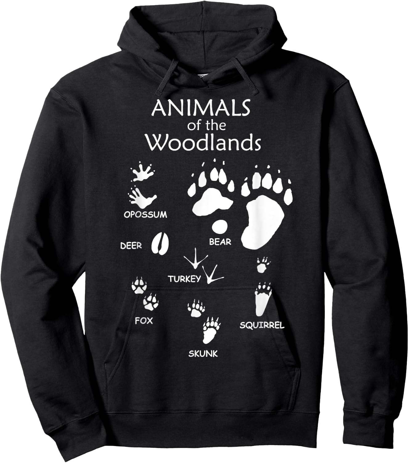 Woodland Cute Animal Paw Print Shirt, Bear Fox Skunk Turkey Hoodie - Hoodie | Black