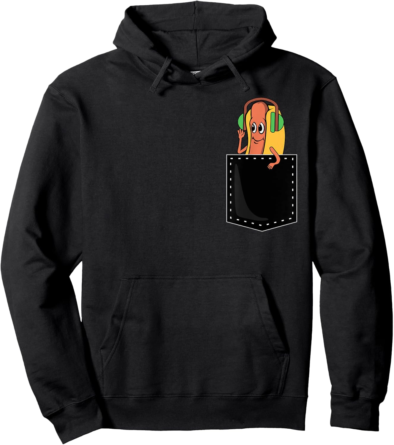 Hotdog In Pocket Wearing Headphone Funny Hot Dog Lover Hoodie - Hoodie | Black