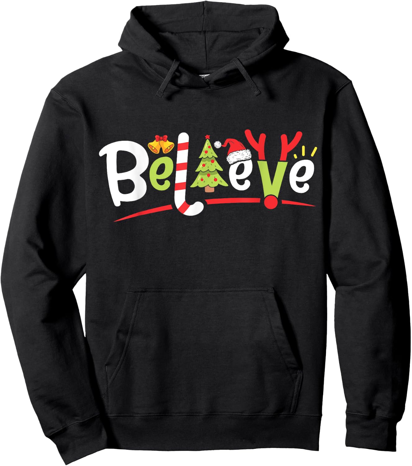 Christmas Believe Boys Girls Santa Hat Xmas Tree Antlers Hoodie - Hoodie | Black