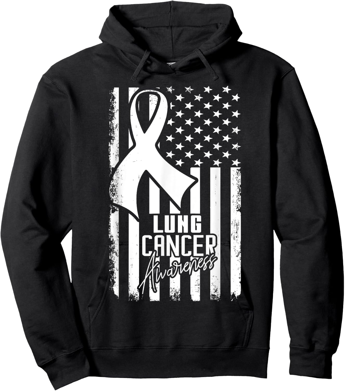 Lung Cancer Awareness American Flag White Ribbon Women Kids Men Hoodie - Hoodie | Black