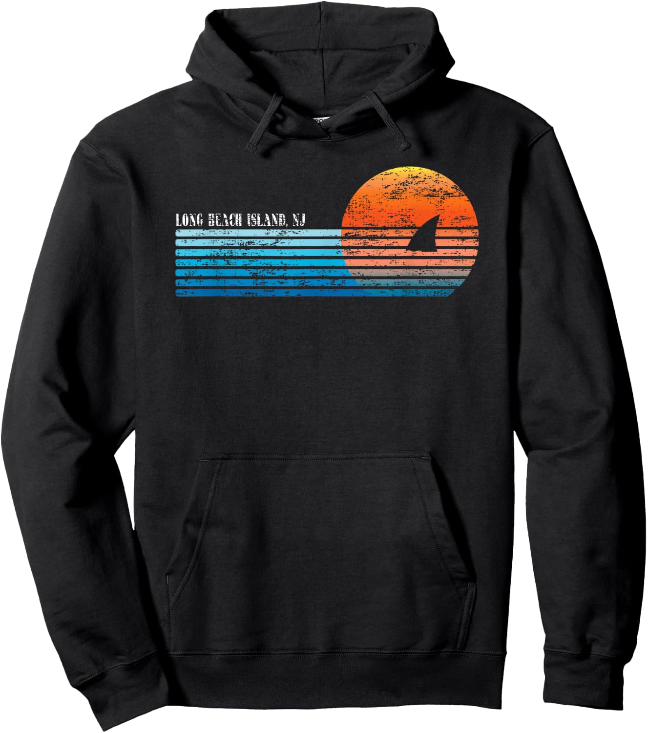 Vintage Long Beach Island, NJ Retro 80s Shark Fin Sunset Women Hoodie - Hoodie | Black